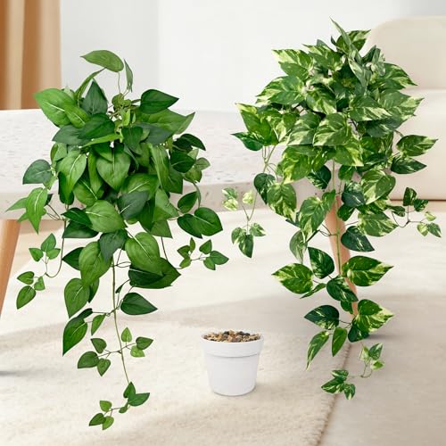 Artificial Hanging Plants with White Pots –2 Pack Fake Pothos Potted Plants Faux Ivy Vines 23.6‘’, Realistic Greenery Hanging Fakeplants Indoor for Home Decor, Bedroom, Bathroom, Office, Living Room - size: 23.6''