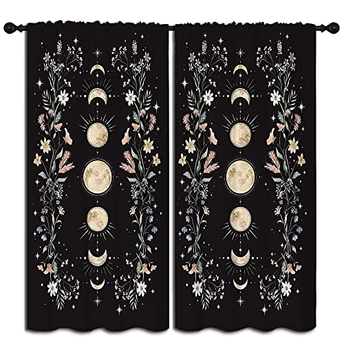 Boho Yellow Floral Wildflower Rod Pocket Blackout Curtains for Teen Bedroom,Moon Phase Moonlit Garden Witchy Gothic Aesthetic Thermal Insulated Home Window Drapes for Living Room Darkening,42x45in - color: Boho Yellow Floral Wildflower-006, size: 42"W x 4