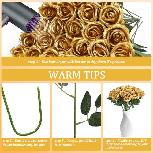 30pcs Fake Roses Artificial Silk Flowers Long Stems Bouquet for Wedding Bridal Shower Party Home Decoration (Gold) - color: Gold