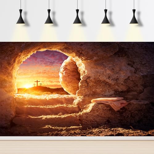Empty Stone Tomb Backdrop Sunrise Sunset Jesus Christ Crucifixion Resurrection Cave Photography Background Holy Lights Three Crosses God Bless Jesus Christian Easter Christian Backdrop 5x3ft - color: Sunset Golden, size: 5x3ft