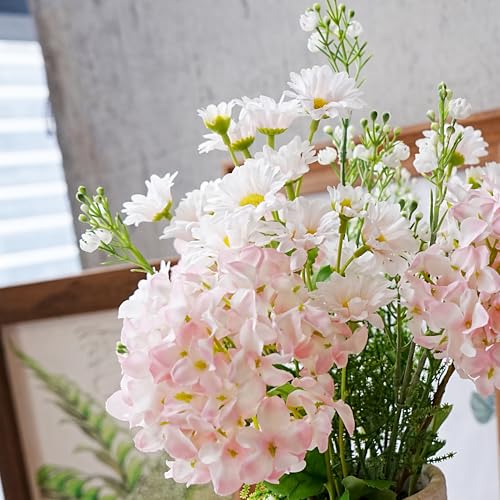 Fake Flowers with Vase for Home Decor, Faux Flowers with Paper Pulp Pot, Flower Arrangement with Silk Dahlias, Office Dining Living Room Decor, Centerpiece Table Decorations, Light Pink - color: Light Pink