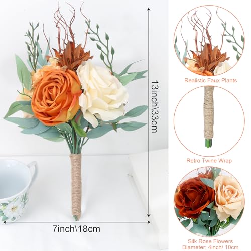Bridesmaid Bouquets for Wedding - Set of 6 Artificial Flowers Bouquet for Fall Wedding Decoration Marriage Proposal Party Ceremony Anniversary Dining Table Centerpieces - Burnt Orange - color: Orange, size: 6pcs Bouquets