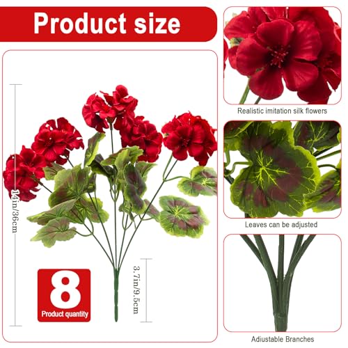 lovemoon 8 Pcs Artificial Geranium Plant Realistic Silk Flowers for Outside UV Resistant Faux Geraniums Flowers for Indoor Outdoor Home Garden Office Decoration (8, Red) - color: Red