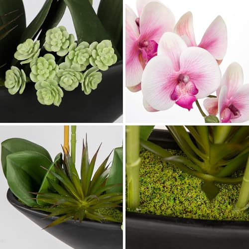 Briful Pink Orchid Fake Flowers 17in Artificial Orchid Silk Flowers in Black Pot Faux Orchid Arrangement for Home Office Bathroom Table Centerpiece Modern Decor - color: Pink Black