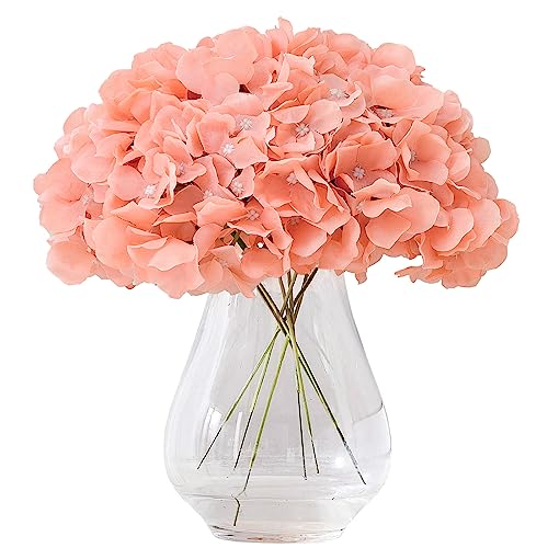 Artificial Hydrangea Flowers Coral Heads 10 Fake Hydrangea Silk Flowers for Wedding Centerpieces Bouquets DIY Floral Decor Home Decoration with Stems - color: 10pcs Coral, size: Large