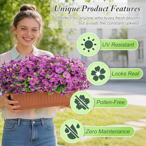 Artificial Flowers for Outdoors Decoration for UV Resistant Silk,16 Bundles | Artificial Violet Flowers for Outdoor Decor, Realistic Fake Plants for Porch,Garden,Window Box,All Purple - color: Purple