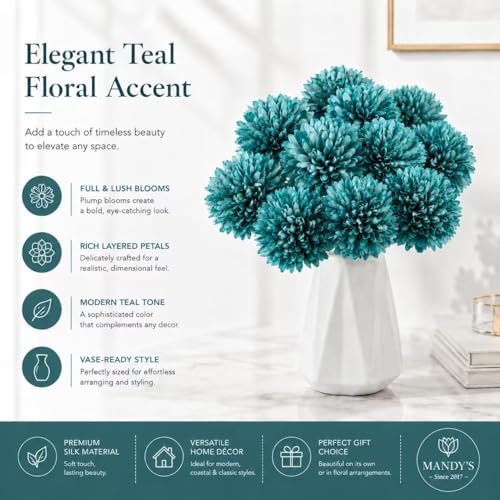 Mandy's 12pcs Artificial Teal Chrysanthemum | 11.8 inch Artificial Mums Flowers for Home Table Centerpiece Summer Decor Silk Flowers for Porch Patio and Wedding - color: Teal