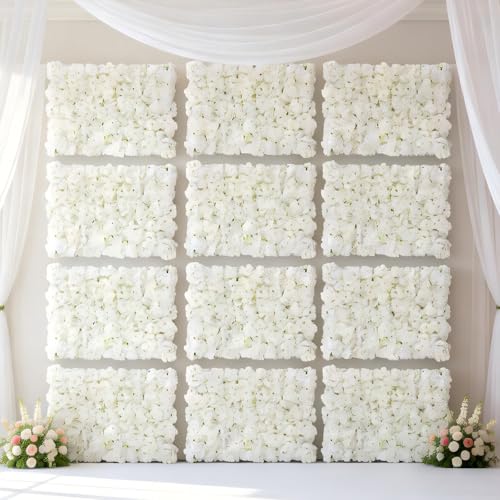 Flower Wall Panel Backdrop: 12 Pcs 24 x 16 Inch White Artificial Hydrangea Floral Panels - color: White, size: 12 PCS