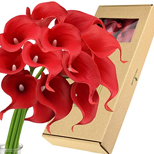FiveSeasonStuff Real Touch Calla Lily Artificial Flowers Wedding Bridal Bouquet | Floral Arrangements | 15 Calla Lilies (Scarlet Red) - color: Scarlet Red