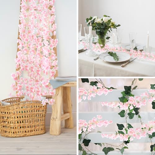 6PC 35.4FT Cherry Blossom Flowers Garland Vine for Decoration Artificial Pink Flower Garland Silk Sakura Vines Hanging for Wedding Party Valentine Japanese Spring Home Decor - color: Pink, size: 6 PC