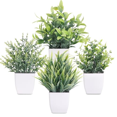 CEWOR Fake Plants 4 Packs Small Artificial Plants Mini White Potted Greenery Bathroom Accessories Decorations for Desk Bathroom Office Home Room Kitchen Table Decor Indoor - color: Grey