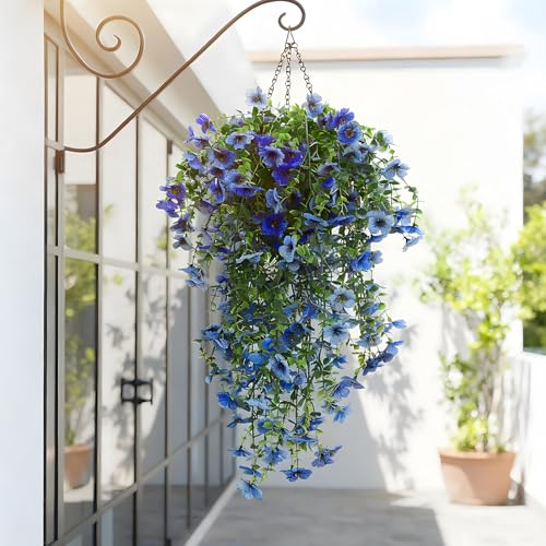 6 Pcs Spring Artificial Hanging Flowers Outdoor Faux Silk Mum Plant Decor Violet with Eucalyptus Realistic UV Resistant Trailing Vine Spring Porch Yard(Light Blue,Violet) - color: Light Blue, style: Violet