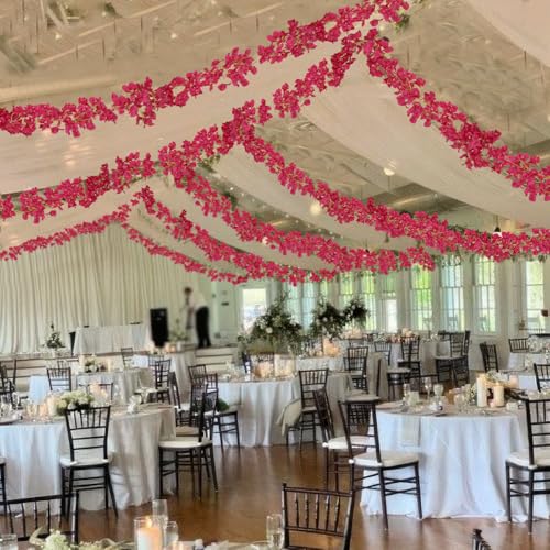 2 Pcs Artificial Bougainvillea Flowers Garland Fake Silk Bougainvilleas Vines Trailing Rose Red Faux Hanging Flowers Plants Bougainvillea Artificial for Porch Wedding Arch Spring Summer Decor - color: Rose Red