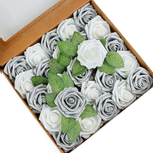 Higfra Artificial Flowers 50 Stems Realistic Roses - Lifelike Fake Flowers for Wedding Bouquets, Baby Shower Decor, Home Centerpieces, DIY Floral Arrangements (himmer Silver Grey, 50Pcs) - color: Himmer Silver Grey, size: 50Pcs