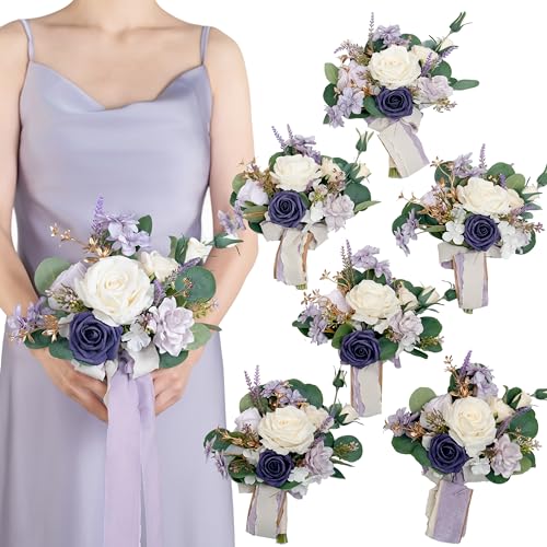 Set of 6 Purple Bridesmaid Bouquet, Lavender Wedding Bouquet,Small Wedding Bouquet,for Marriage Proposal Party and Wedding Ceremony,Anniversary,Artificial Flowers - color: Purple