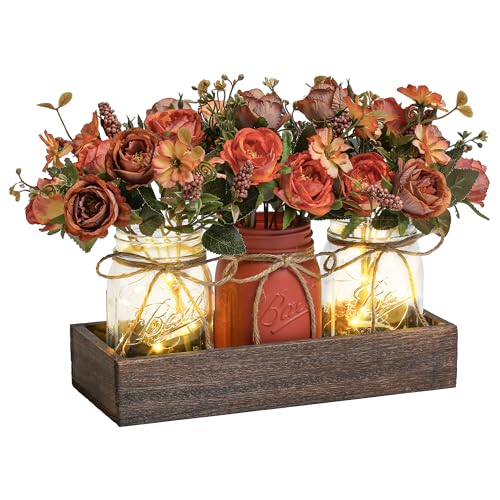 3 Pcs Mason Jar Centerpiece Table Decorations for Dining Table Decor Farmhouse Coffee Table Decor with Wood Tray and Led Light Table Centerpieces for Dining room Kitchen Living Bathroom,Orange - color: orange