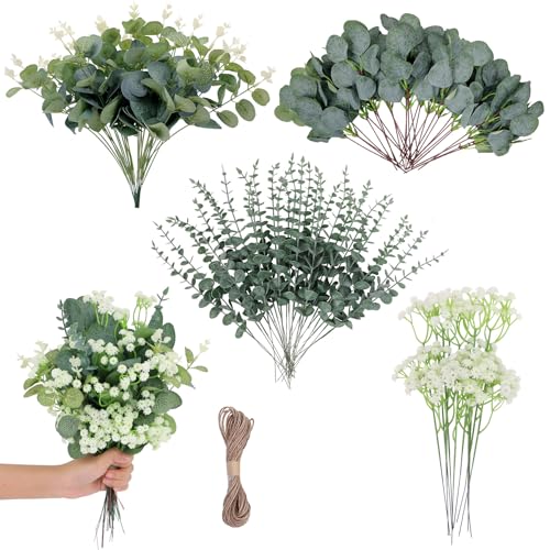 100 Pcs 4 Kinds Artificial Eucalyptus Greenery Stems Bulk | Fake Silver Dollar Leaves with Babys Breath Greenery, Faux Plants for Centerpieces Wedding Bouquet DIY Home Decor - size: 100 PCS