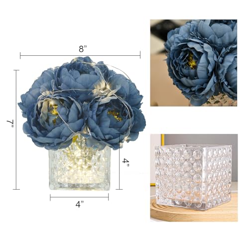 Artificial Peony Silk Flower Centerpieces with LED Light Faux Floral Arrangement in Glass Vase for Home Wedding Table Decoration (Dusty Blue) - color: Light-dusty Blue