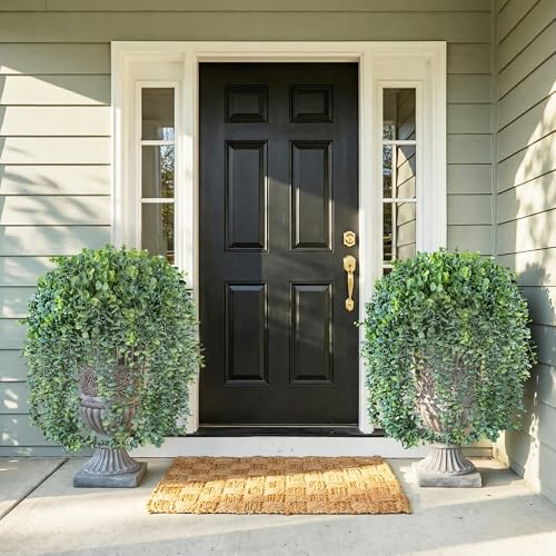 Faux Outdoor Plants Fake Hanging Plants for Outdoors Outside Decorations, 2 Pcs White Faux Eucalyptus Vines Realistic UV Resistant Artificial Greenery for Planters Porch Garden Yard Front Door Patio - color: Eucalyptus Vine-white