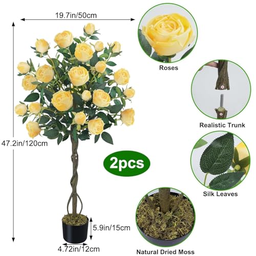 HUAESIN 4FT Artificial Outdoor Trees Rose Tree with 52 Blooming Artificial Flower Yellow Floral Tree for Home Decor Indoor Farmhouse Front Porch Yard Living Room Set of 2