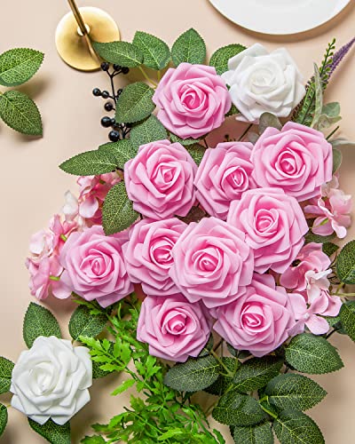 DuHouse 25Pcs Artificial Roses Flowers Fake Roses with Stems Real Touch Foam Flowers for DIY Wedding Bouquet Centerpiece Floral Arrangement Party Home Decor(Pink) - color: Pink, size: 25pcs