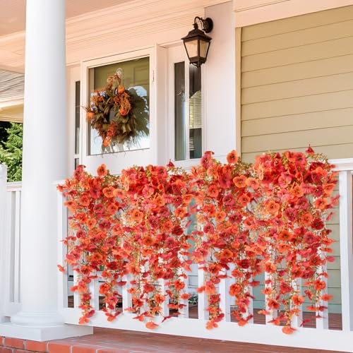 Artificial Fall Flowers for Outdoor, 4 Pcs Faux Pansy Fake Mums Plant Hanging Flowers Outdoor Fall Decor, UV Resistant Silk Flower for Front Door Porch Planter Patio Yard Garden(Orange Autumn Red) - color: Orange Autumn Red