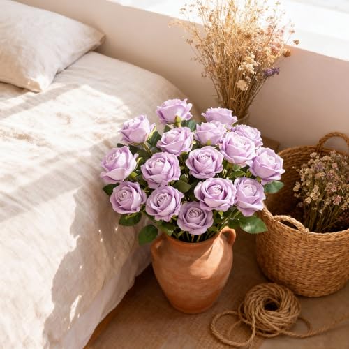 Kenpal Realistic Fake Roses Artificial Flowers with Stem for Decoration Floral Arrangement Centerpieces Wedding Bouquets (10, Lavender) - color: Lavender