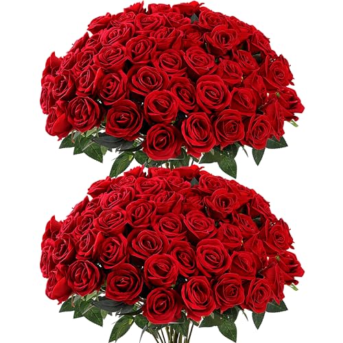 Sggvecsy 50 Pcs Artificial Roses Red Flowers Fake Velvet Silk Roses with Stems Bulk Realistic Faux Flowers for Bridal Bouquets Wedding Centerpieces Valentines Day DIY Home Party Decor (Red) - color: Red