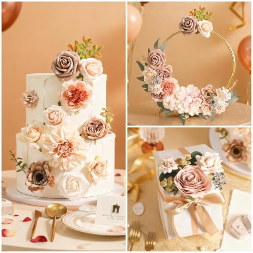 Artificial Flowers Combo Fake Roses Silk Flowers with Stems for DIY Wedding Bridal Bouquets Table Centerpieces Cake Birthday Baby Shower Wedding Anniversary Home Decorations(Champagne Nude) - color: Nude Champagne