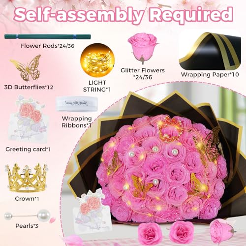 Pink Glitter Roses Bouquet, 36 Pcs Shiny Glitter Flowers Bouquet, Everlasting DIY Artificial Roses Bouquet for Christmas, Birthday, Anniversary, Wedding, Engagement - color: Pink-a, size: 36 PCS