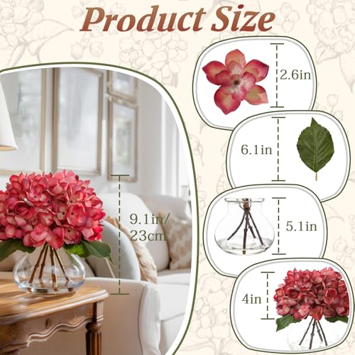 Rose Red Artificial Hydrangea Flowers with Glass Vase, Faux Floral Arrangements with Fake Water, Lifelike Hydrangeas Table Centerpieces for Dining Room, Coffee Table, Bathroom Decor - color: D-rose Red