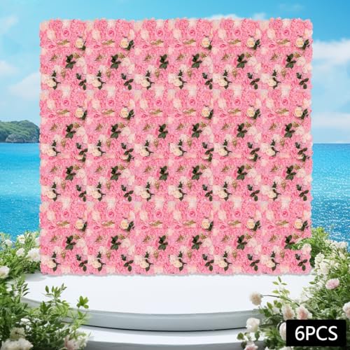 Set of 6 Artificial Flower Wall Panels, 3D Silk Rose & Dahlia Outdoor Decor, Waterproof Garden Wall Flowers for Balcony Fence, Patio, Wedding Backdrop (Dark Pink) - color: Dark Pink