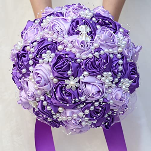 Purple Bridal Wedding Bouquet with Rhinestone Brooch Pearl Bouquet for Bride Bridesmaid Quinceanera Satin Rose Flower Bouquet Wedding Purple and Lilac 8.7in - color: Purple and Lilac (Standard Size: Dia.8.7")