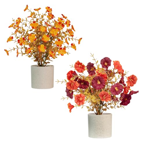 2 Pack Artificial Fall Flowers, Fake Small Plants Autumn Potted Flowers for Fall Table Centerpieces Thanksgiving Home Tabletop Office Bathroom Farmhouse Decor (Orange Red) - color: Orange Red, size: 2 Pcs