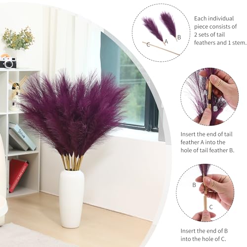Wertuirk 9 Stems Purple Pampas Grass - 38 Inch Tall Faux Pompous Grass Decor, Big Artificial Pompas Floral for Vase Filler, Wedding, Party and Home Decor (Purple) - color: Purple