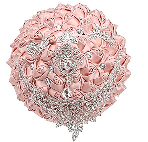 Handmade Luxury Wedding Bridal Bouquet Large Silk Rose Holding Toss Artificial Flowers Bouquets with Satin Ribbon Pearls Rhinestone for Bride Vintage Royal Wedding Bouquet (Champagne Pink) - color: Champagne Pink