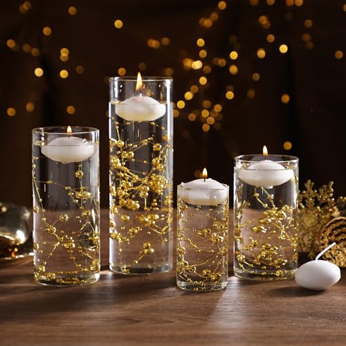 24 Pcs Floating Candles 12 Glass Vases for Centerpieces with 400 Acrylic Fake Ice Cubes 6 Pearl String Vase Filler Floating Candle Centerpieces for Tables Party Event Wedding Home Decor