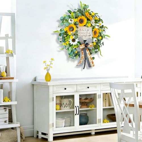 Spring Wreaths for Front Door 24 Inch Handmade Spring Summer Wreath with Artificial Sunflowers,Welcome Message Sign & Elegant Bow and White Yellow Daisy Wildflowers for Home,Porch&Gift Giving - color: Sunflower