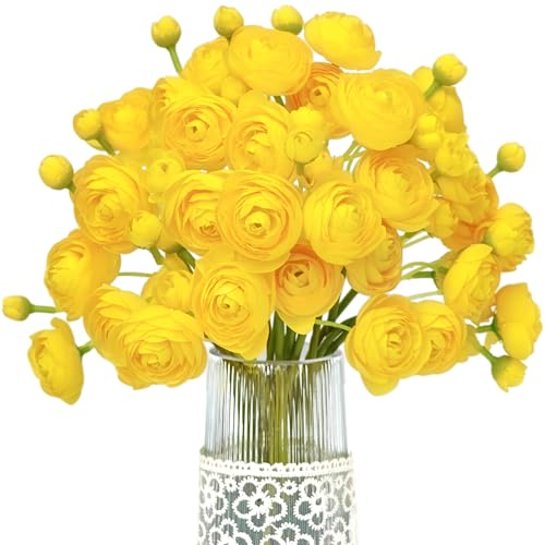Letjolt Artificial Ranunculus Flower Yellow Silk Flower, 18pcs | Faux DIY Bouquet, Wedding Engagement Centerpieces, Bridal Shower Decorations, Home Decor - color: Yellow