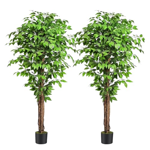 6.2ft Ficus Artificial Trees with 3 Natural Curved Trunks, 74" Tall Lush Faux Tree for Home Decor Indoor, Green Lifelike Fake Ficus Tree Plants (Set of 2) - size: 6.2ft