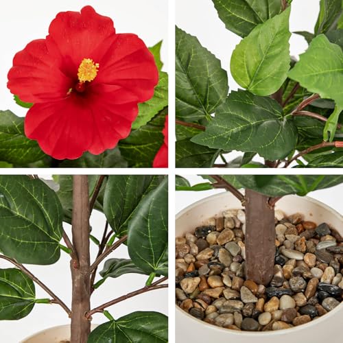 Briful Artificial Hibiscus Potted Plant 20.8” Tall, Realistic Silk Hibiscus Flowers Farmhouse Table Decor, Faux Tropical Flower Plant in Pot for Living Room Table, Entryway, Office, Home Decor, Red - color: 20.8'' Red