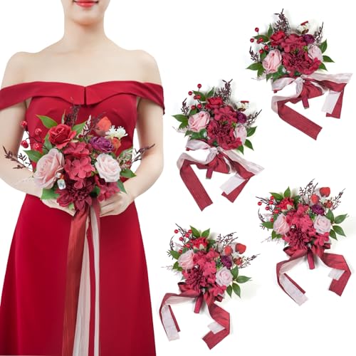 TINGE TIME 7 Inch Wedding Bouquets for Bridesmaid, Artificial Flowers Cascading Bridal Bouquet for Wedding (Burgundy & Pink, Set of 4) - color: Burgundy & Pink