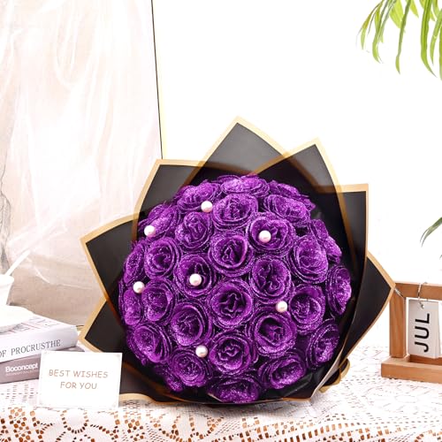 Waipfaru Glitter Roses Bouquet, DIY Fake Flowers Bouquet, Everlasting Shiny Artificial Rose Bouquet for Valentines, Anniversary, Engagement, Wedding, 24 Roses - color: Purple, size: 24pcs
