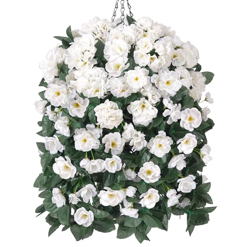 Artificial Geraniums Fake Hanging Flowers Basket for Spring Outdoor Decoration, Faux Plants Silk Geraniums Vines in Planter UV Resistant Look Real for Outdoors Yard Patio Porch Home Decor, White - color: White