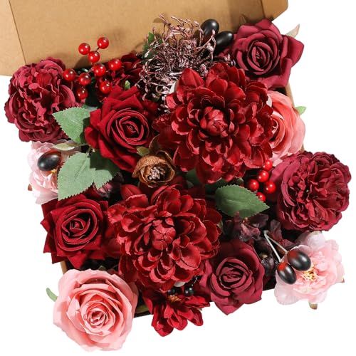 Garisey Artificial Flowers Combo Box Set Burgundy Silk Flowers for DIY Wedding Bouquet Arrangements Bridal Shower Party Home Decorations (Mature Burgundy) - color: Mature Burgundy