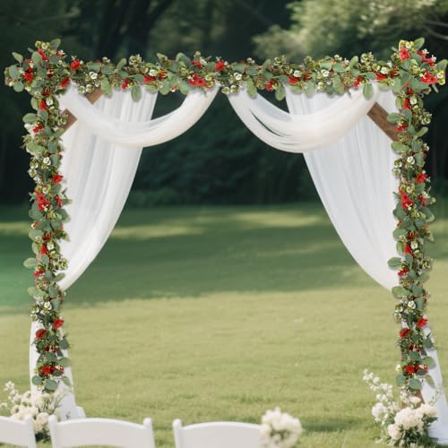 2Pack Eucalyptus Flower Garland with Violet 5.9Ft Artificial Ivy Greenery Hanging Vine Fake Ivy Floral Plants Garland for Wedding Outdoor Garden Party Background Table Runner, Total 11.8Ft, Red - color: Red Violet