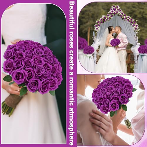 72 Pcs Artificial Roses Purple Fake Silk Roses Realistic Roses Faux Flower Indoor Wedding Home Decor, Birthday Decorations - color: Purple