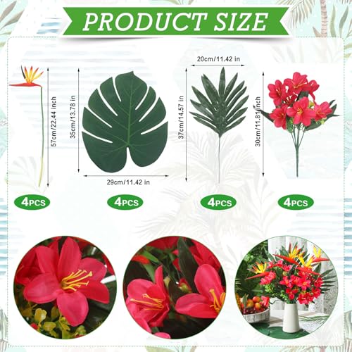 Hotop 4 Set/ 16 Pcs Artificial Tropical Flower Bouquets Bulk for Hawaii Centerpieces Bird of Paradise Lily Bouquet Permanent Flower Tropical Plant Party Office Home Decor (Rose Red) - color: Rose Red