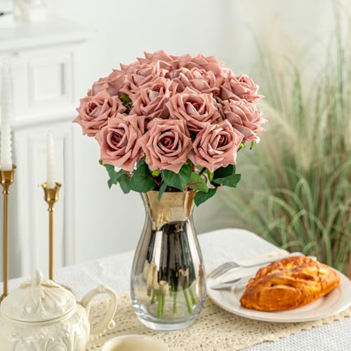 Ttranewsoo Fake Roses Faux Flowers Silk Roses 16.5in Artificial Roses with Stems Realistic Artificial Flowers Suitable for Indoor Home Decor DIY Bouquet Wedding Decor Party Decor (Pink Purple,12PCS) - color: Pink Purple 12pcs