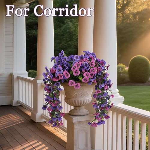 Spring Porch Decor, 2 Pack Hanging Artificial Flowers Outdoor – Fake Orchids for Hanging Baskets, UV Resistant Faux Flowers for Front Porch, Tall Artificial Plants for Outdoor Planters（double purple） - color: Double Purple-2 Pack